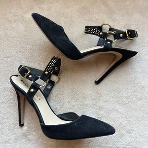 Via Spiga Black Suede Pointed Toe Studded Ankle Strap Stiletto Heel Women 8 EU39